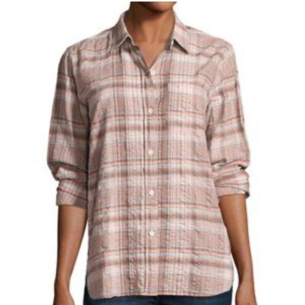 Current Elliott Pink Tan Plaid Lightweight Cotton Long Sleeve Button Front Shirt